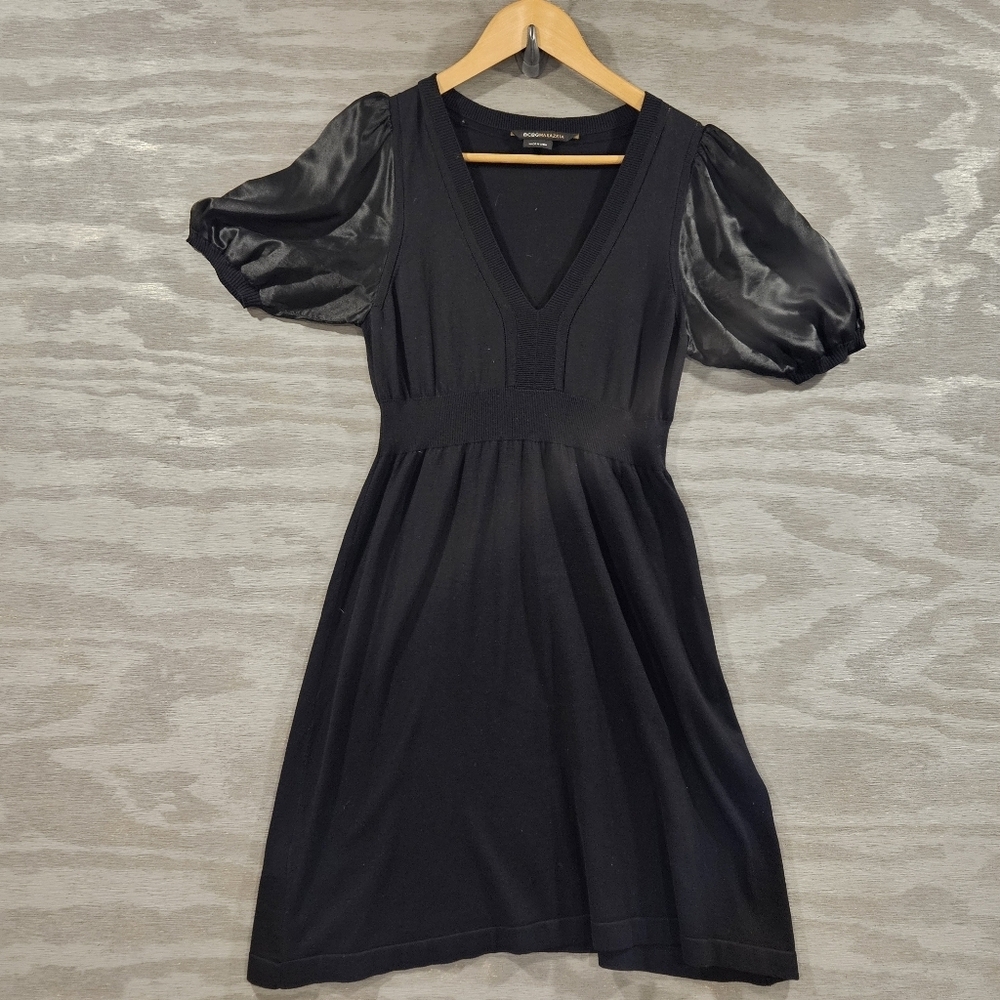 BCBGMaxazria SZ S Black Silk Mini Dress Puff Short Sleeve Babydoll Romantic - Picture 2 of 10